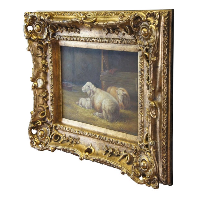 Rococo Enoch 20the Century Oil Painting on Canvas Resting Sheep in a Barn Rococo Frame 26" For Sale - Image 3 of 10