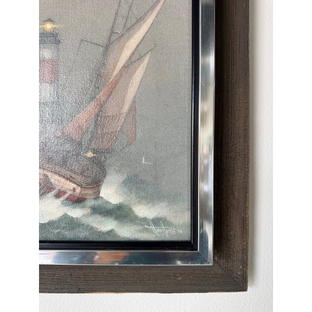 Gray 1978 Vintage Nautical Seascape With Sailing Vessel and Lighthouse — Oil on Canvas Painting by Henry P. For Sale - Image 8 of 12