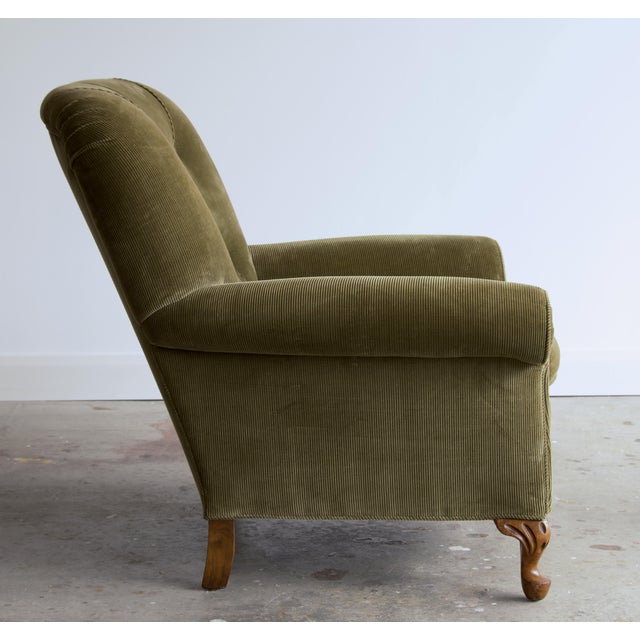 Olive Corduroy Tufted Club Chair With Carved Walnut & Scroll Arms For Sale In Salt Lake City - Image 6 of 8