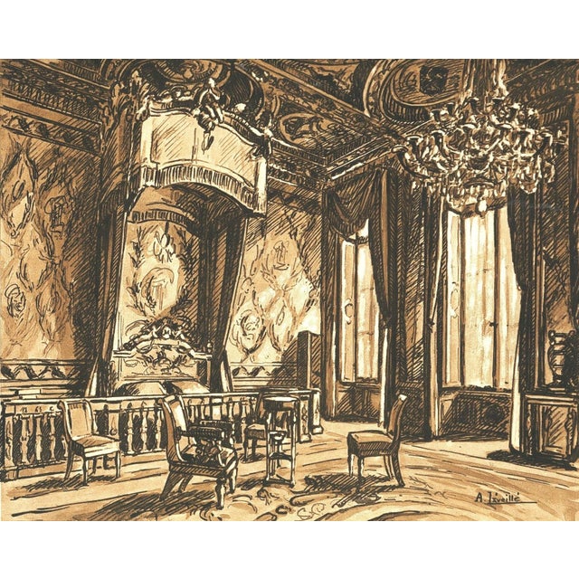 1925 French Antique Interior Lithograph-Chateau Fontainebleau, Matted For Sale - Image 4 of 4