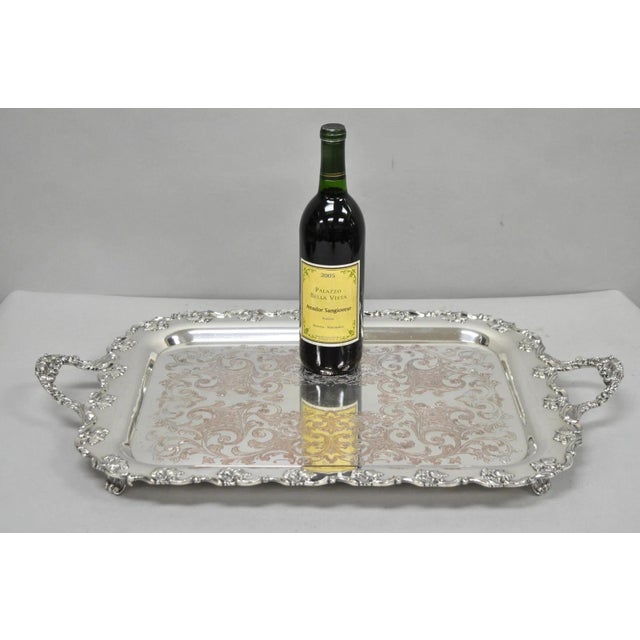 Vintage English Victorian Silver Plated Ornate Footed Serving Platter Bar Tray For Sale - Image 16 of 16