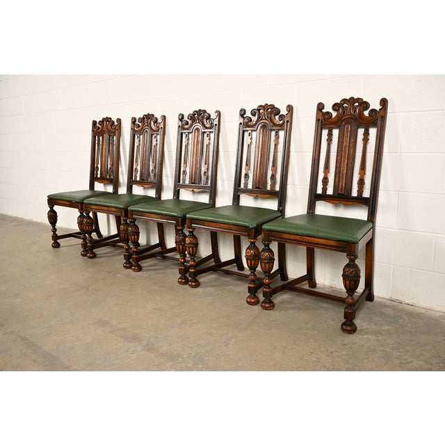 Berkey & Gay Berkey & Gay Antique English Jacobean Carved Walnut Dining Chairs, Set of Five For Sale - Image 4 of 14