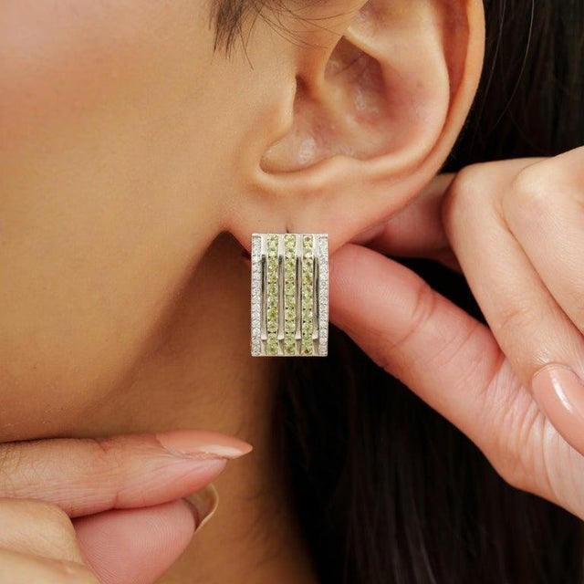 Silver Multi-Band Peridot Zircon Wide Bar Half Hoop Earrings- A Pair For Sale - Image 6 of 12