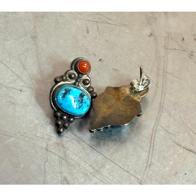 1960s-70s sterling silver, turquoise and coral post earrings. Marked at back as shown. Some slight patina to metal...