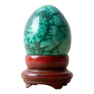 Polished Malachite Egg on Wooden Stand, c.1980 For Sale