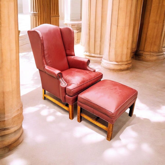 Chippendale Vintage-Inspired 3-Piece Leather Living Room Set With a Tufted Chesterfield Sofa, a Classic Wingback Armchair & Rectangular Ottoman. For Sale - Image 3 of 12