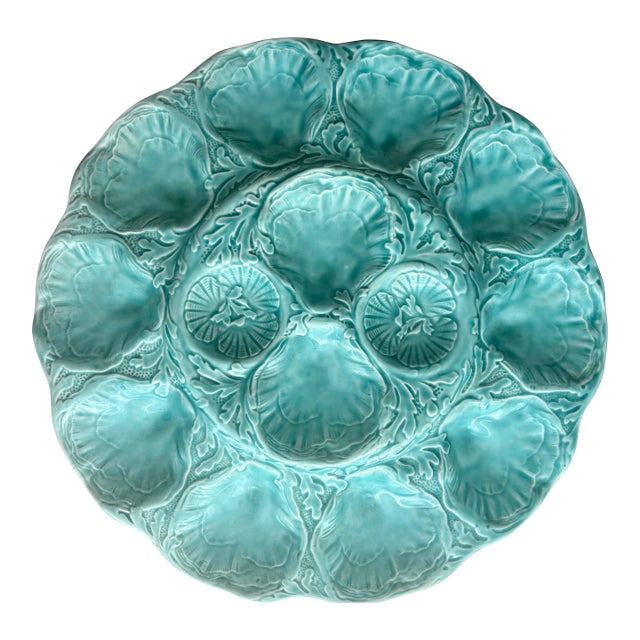 Vintage Gien Turquoise Majolica Oyster Platter, France For Sale