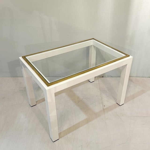 1970s Mid-Century Modern Cream Metal & Brass Side Tables with Glass Top, 1970s, Set of 2 For Sale - Image 5 of 12