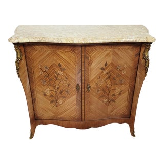 Antique French Floral Inlaid & Sienna Marble Top Server Credenza Bar Cabinet For Sale