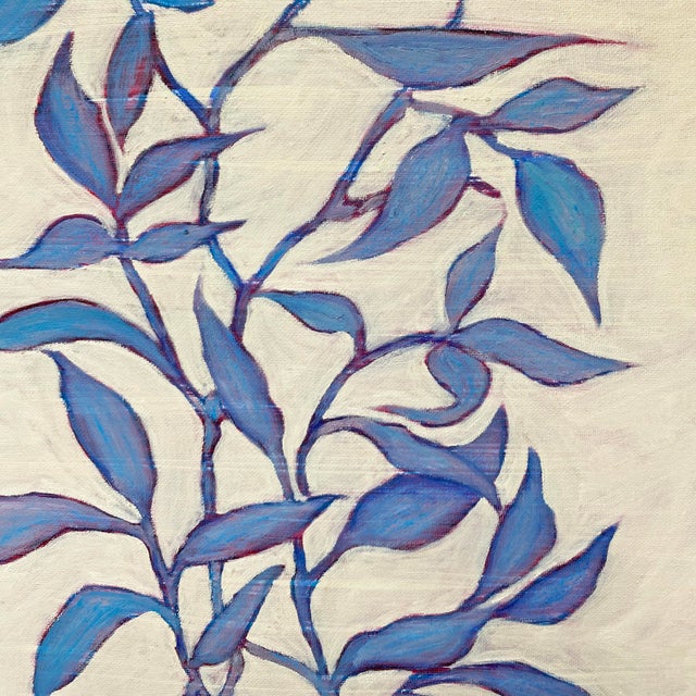 2020s Original Framed Botanical Leaf Painting, Periwinkle Blue Wall Art, Oil on Canvas in Gold Frame, 15x19 Minimalist Boho Home Decor For Sale - Image 5 of 5