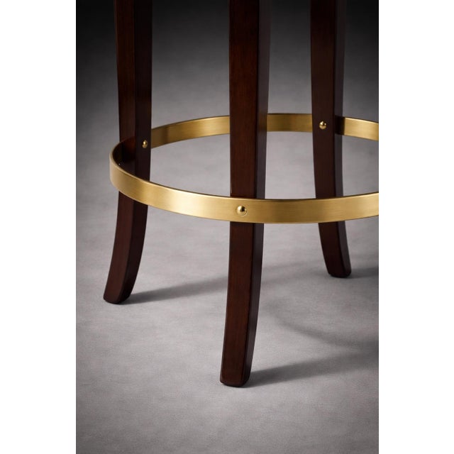 Late 20th Century Oversized Traditional Swivel Bar Stool With Red Leather Seat, Mahogany Legs & Brass-Tone Footrest Ring — 30” For Sale - Image 4 of 5