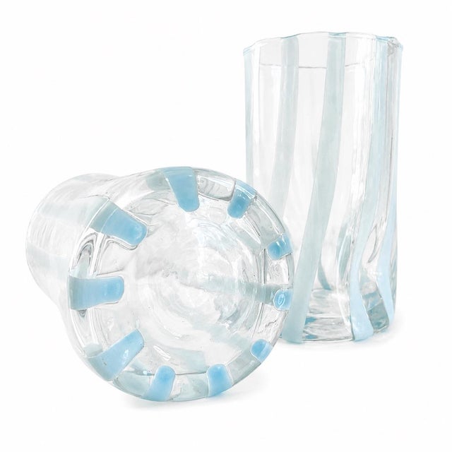 Contemporary Cloud Blue Striped Italian Murano Glass Tumbler Glasses With Scalloped Rim Set of 6 For Sale - Image 3 of 6