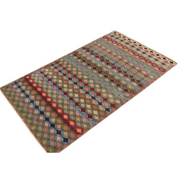 Traditional 1960s Vintage Distressed Deco Rug in Green, Blue, Multicolor Geometric Pattern For Sale - Image 3 of 5