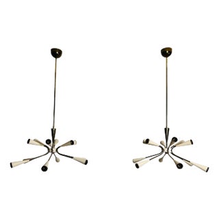 1 of 2 Mid-Century Brass 12-Arm Sputnik Chandelier, 1950s, Italy For Sale