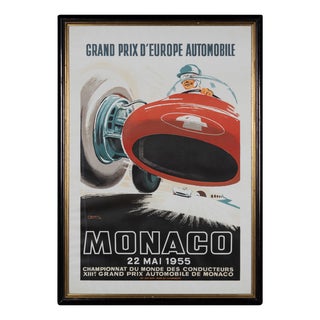 Vintage 20th Century Framed 1955 Monaco Grand Prix Poster by Jean Ramel, 1985 For Sale