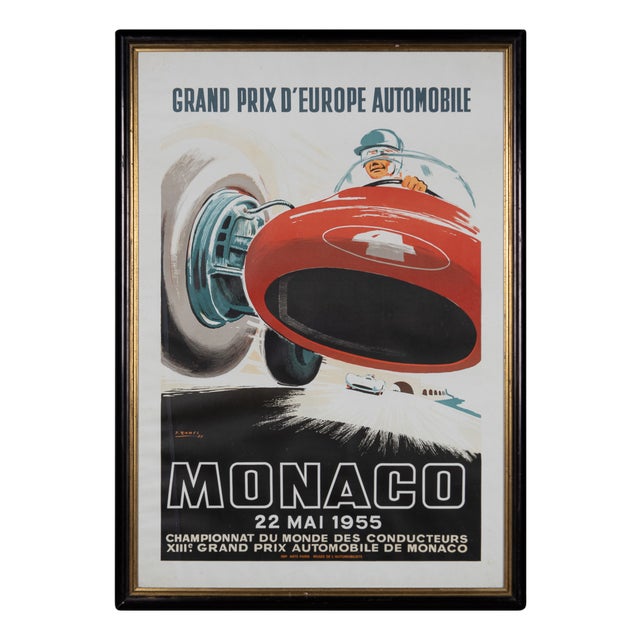 Vintage 20th Century Framed 1955 Monaco Grand Prix Poster by Jean Ramel, 1985 For Sale