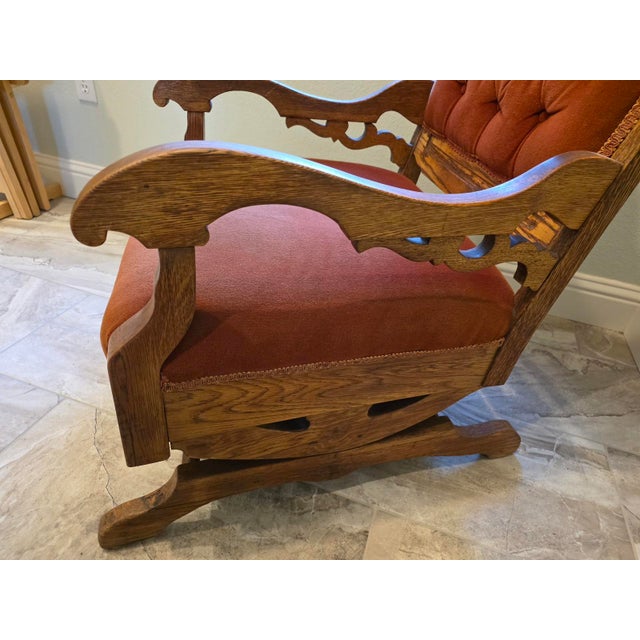 Antique Late Victorian Quarter Sawn Oak Platform Rocker – Tufted Rust Velvet Accent Rocking Chair For Sale - Image 10 of 10
