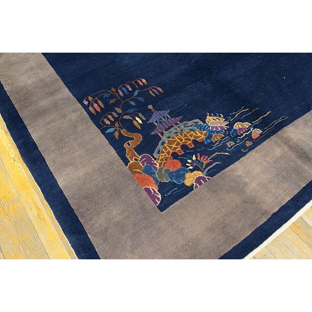 1920s Antique Blue Field Gray Border Vase Floral Classic Chinese Art Deco Rug For Sale - Image 4 of 5