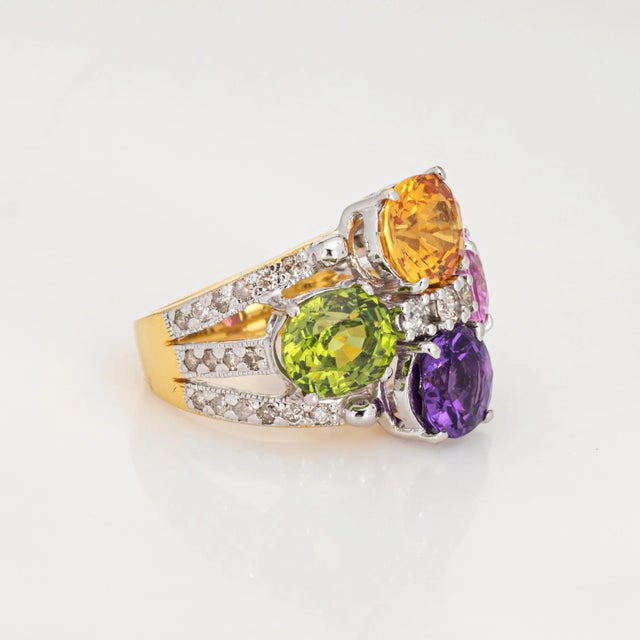 Mid 20th Century Rainbow Gemstone Diamond Ring Estate 14k Yellow Gold Multi Cocktail Ring Sz 5.5 For Sale - Image 4 of 6