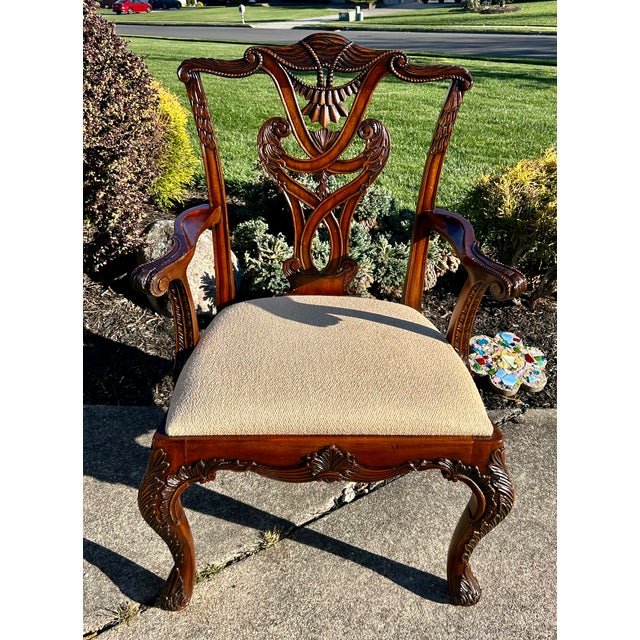 Vtg. Pair of Henredon Chippendale Heavily Carved Solid Mahogany Arm Chairs For Sale - Image 10 of 12