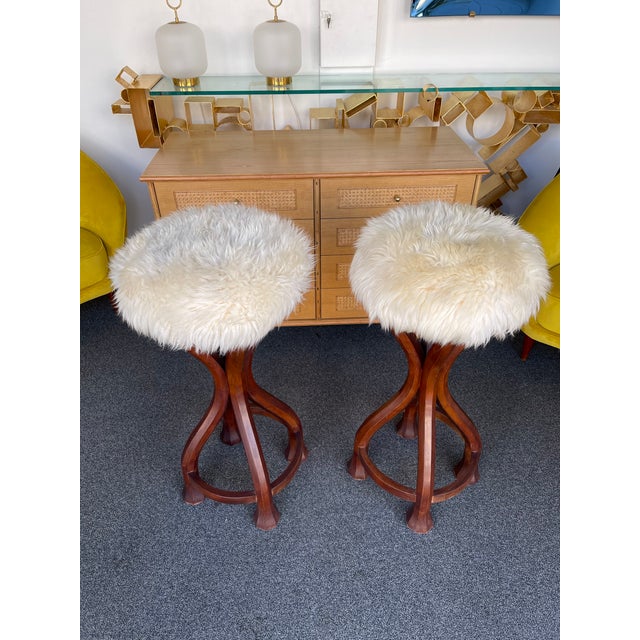 Pair of Wood and Sheepskin Bar Stools. Italy, 1970s Chairish