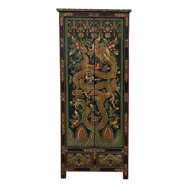 Tibetan Style Golden Dragon Graphic Tall Slim Narrow Storage Cabinet For Sale
