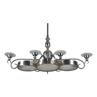 Art Deco Italian Chandelier in Nickel Brass and Frosted Glass, 1930s For Sale