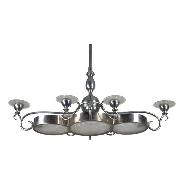Art Deco Italian Chandelier in Nickel Brass and Frosted Glass, 1930s For Sale