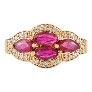Vintage Inspired Cluster Ruby Diamond Cocktail Ring Size 7 in 14k Yellow Gold For Sale