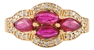 Vintage Inspired Cluster Ruby Diamond Cocktail Ring Size 7 in 14k Yellow Gold