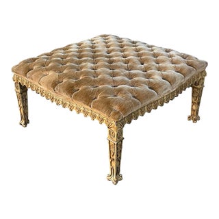 1970s Venetian Style Heavily Carved Tufted Velvet Ottoman / Coffee Table For Sale