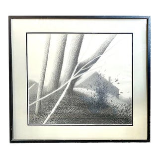 Mid Century Charcoal, Pencil Drawing - Blowing Leaves, Framed For Sale