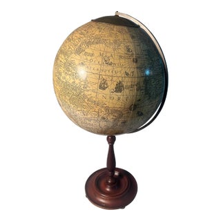 17th Century Replica World Globe Jodocus Hondius Style on Stand With Illustrations For Sale