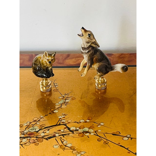 1970s Cute Pair of Wild Animals Racoon & Wolf Figurines Lamp Finials For Sale - Image 4 of 4