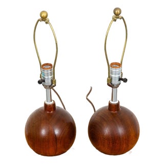 Vintage Mid Century Modern Table Lamp Set Pair Round Teak Set of 2 For Sale