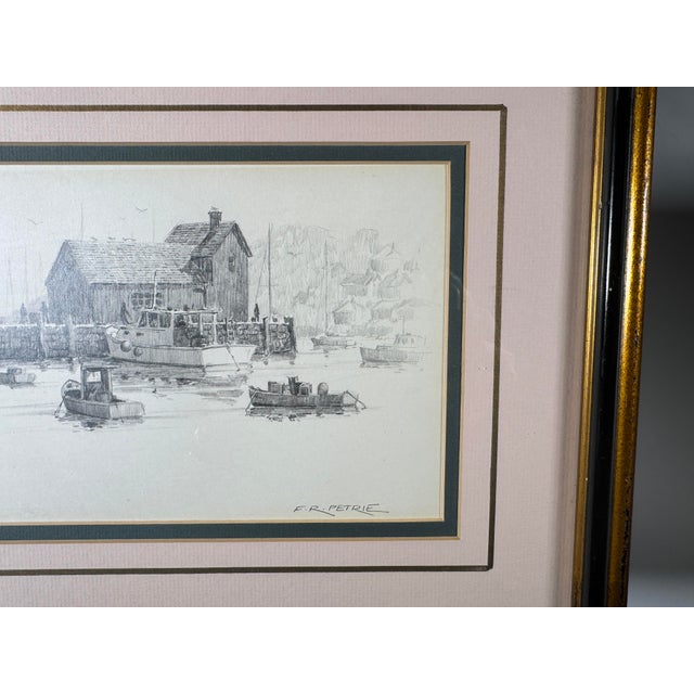 American 1960s Pair of Ferdinand R. Petrie Signed Harbor Pencil Drawings, Framed For Sale - Image 3 of 10