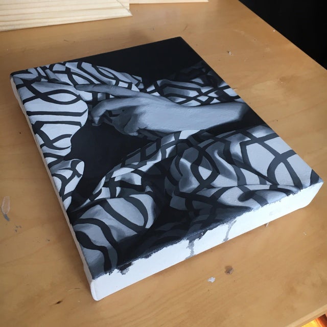 Figurative Hand Study #1 by Rebecca Mason Adams | Acrylic on canvas Study of a hand on patterned fabric For Sale - Image 3 of 3