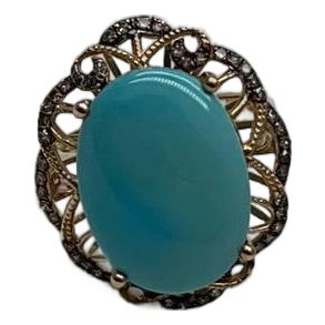 Blue Teal Turquoise Champagne Diamonds Halo 14k Yellow Gold Statement Ring, Size 6 For Sale