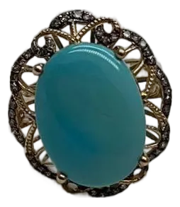 Blue Teal Turquoise Champagne Diamonds Halo 14k Yellow Gold Statement Ring, Size 6