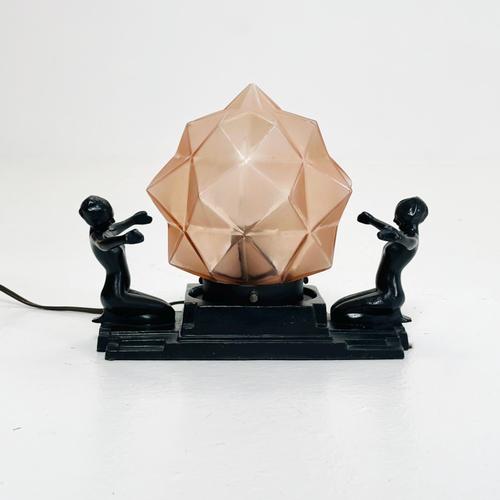 Art Deco Frankart Table Lamp with Kneeling Women and Amber Geometric Glass Shade, 1930s For Sale - Image 16 of 16