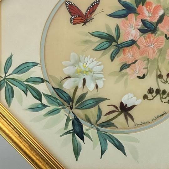 Late 20th Century Matched Set of 2 Anton Wang Watercolor on Silk Paintings – Artist Signed and Framed With Chop Mark (Original Vintage Octagon Frames) For Sale - Image 5 of 18