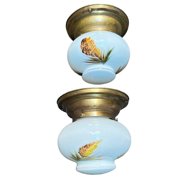 Pair of Painted Acorns and Thistles Motif on Brass Ceiling Lights Circa 1950 For Sale In Los Angeles - Image 6 of 6