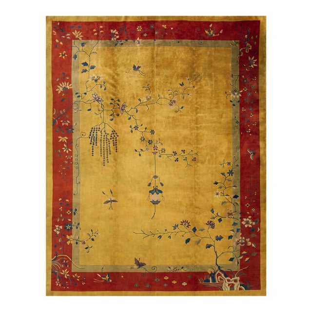 Surprising Saffron Background and Red-Raspebery Border With Tiny Sprays Floral Design Antique Chinese Art Deco Rug For Sale