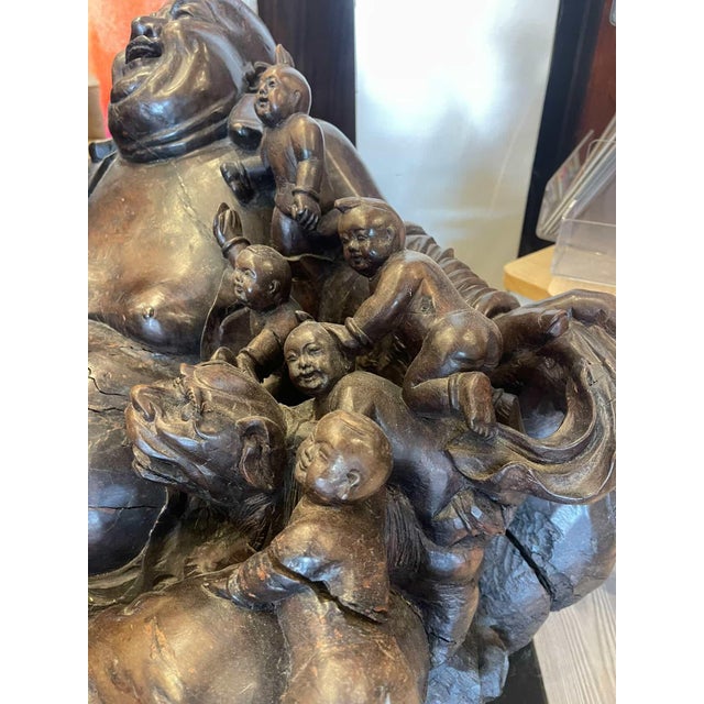 Mid 20th Century Large Laughing Buddha Wood Floor Sculpture For Sale - Image 5 of 7