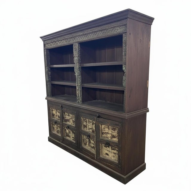 Wood Farmhouse Style Antique Door & Carvings Repurposed 89" Wide Bookcase Sideboard For Sale - Image 7 of 8