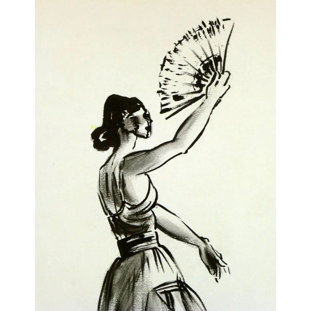 Stunning French ink drawing of flamenco dancer poised with fan extended, circa 1960. Original artwork on paper displayed...