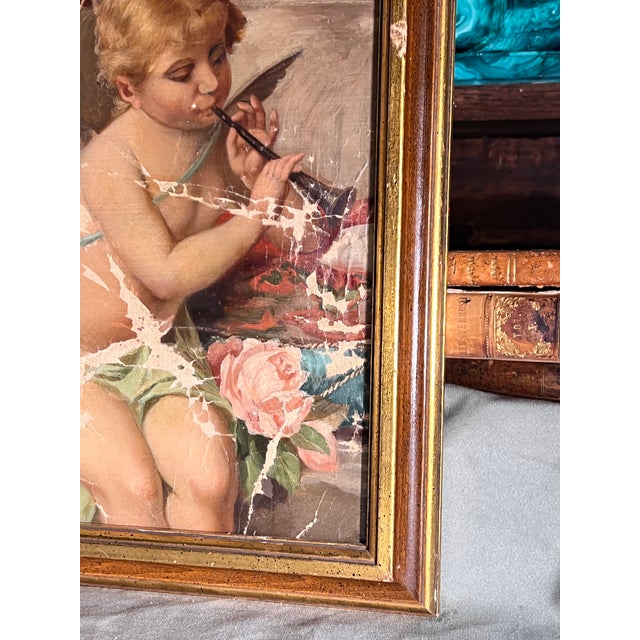 19th Century French Rococo Oil on Canvas Cherub Painting in Parcel Gilt Frame For Sale - Image 9 of 12