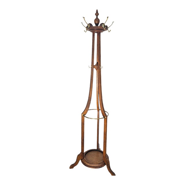 Antique Arts & Crafts Quarter Sawn Tiger Oak Hall Tree & Umbrella Stand, C. 1900 For Sale