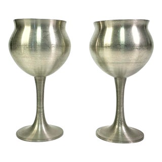 1980s Vintage Hollywood Regency Boho Chic Pewter Wine Goblets - A Pair. For Sale