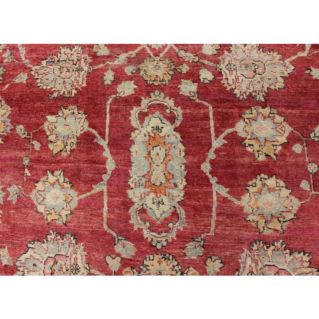 Textile Early 20th Century Antique Turkish Oushak Rug in Red Blue/Gray Border L. Green Yellow & Pink For Sale - Image 7 of 11